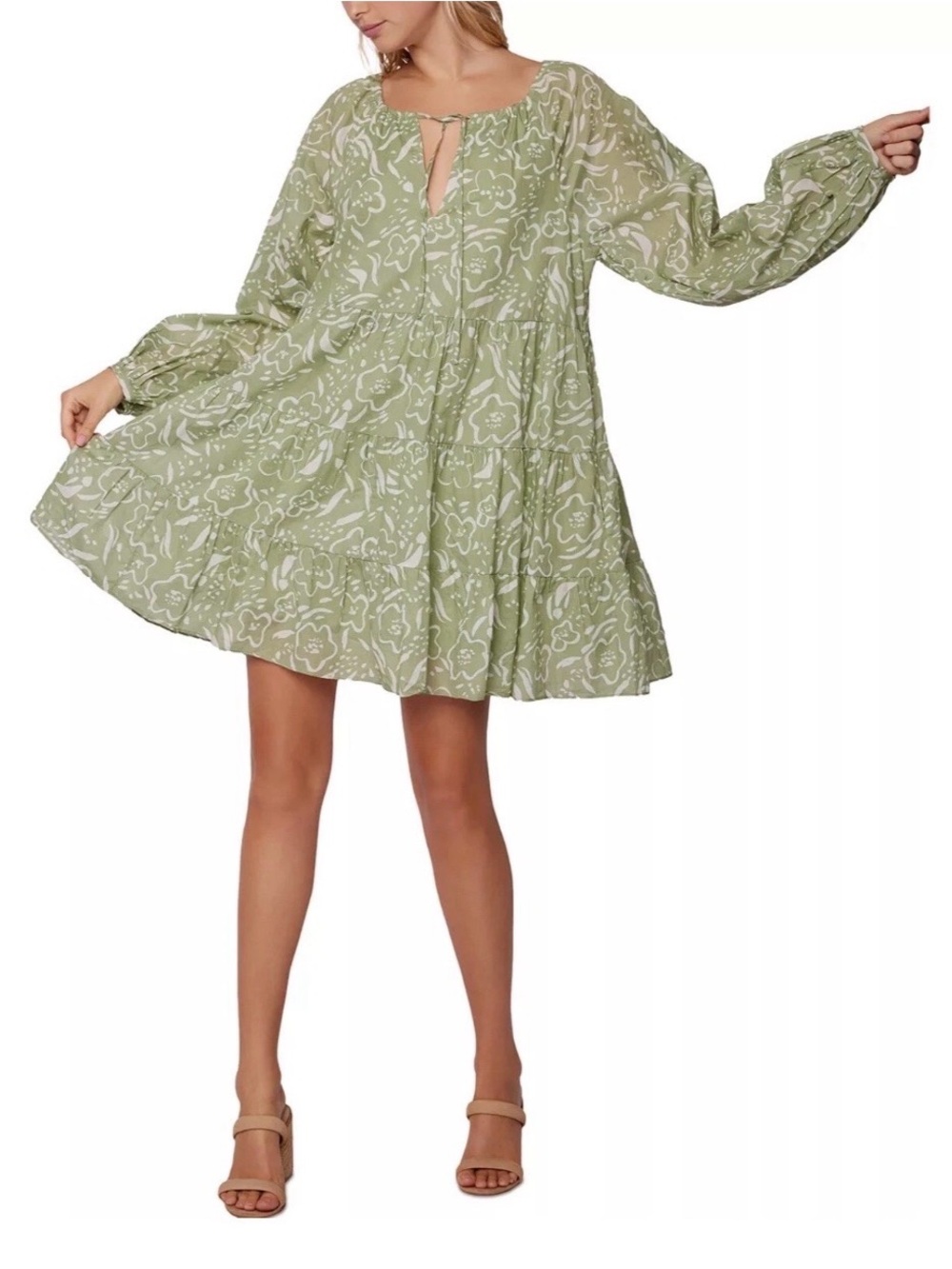 Lost + Wander Saguaro Blooms Light Green Floral Tiered Babydoll Mini Dress